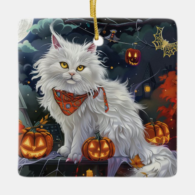 Ornamento De Cerâmica Turco Angora Cat Halloween Spooky (Frente)