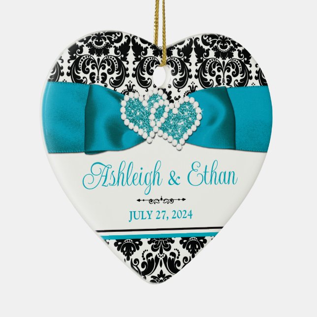 Ornamento De Cerâmica Turquesa, Black Damask Love Heart Casamento (Direito )