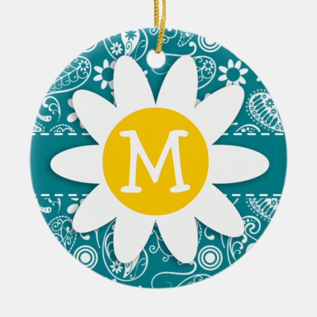 Ornamento De Cerâmica Turquesa Escura Paisley; margarida (Frente)