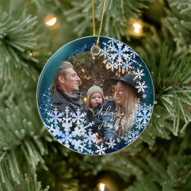 Ornamento De Cerâmica Turquesa Fotográfica Flocos de Neve (Árvore)