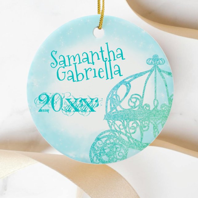 Ornamento De Cerâmica Turquoise Quinceanera KeepsaEnfeites de natal (light turquoise aqua aquamarine christmas photo ornament quinceanera princess gift horse carriage)