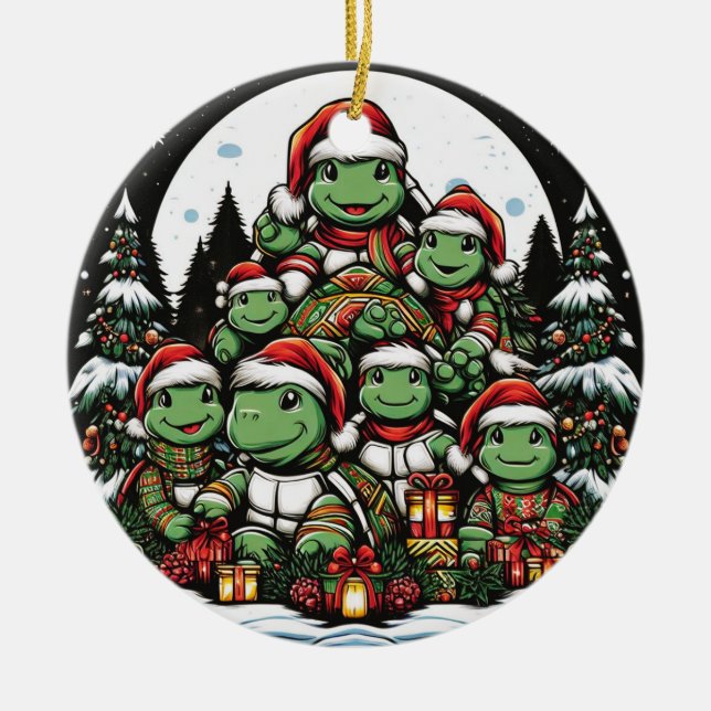 Ornamento De Cerâmica Turtle está feliz com presentes de Natal (Frente)