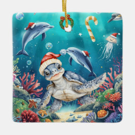 Ornamento De Cerâmica Turtle Santa Hat Under the Sea Christmas Party