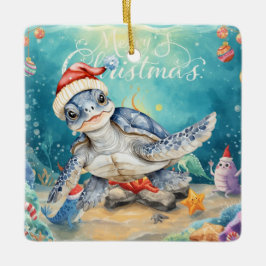 Ornamento De Cerâmica Turtle Santa Hat Under the Sea Christmas Party