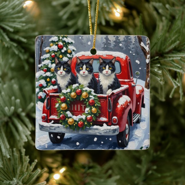 Ornamento De Cerâmica Tuxedo Cat Christmas Red Truck Holiday (Árvore)