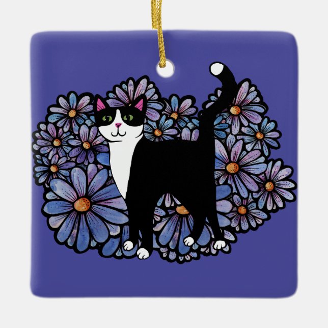 Ornamento De Cerâmica Tuxedo Cat Daisies Roxo (Frente)