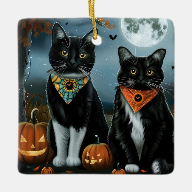 Ornamento De Cerâmica Tuxedo Cat Halloween Spooky (Frente)