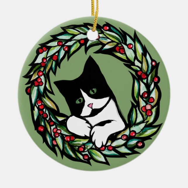 Ornamento De Cerâmica Tuxedo Cat Natal Yule Cats Catmas Art (Frente)