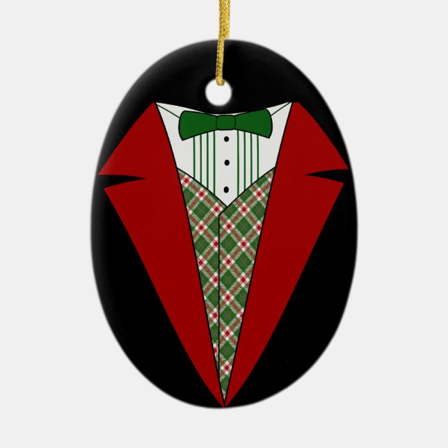 Ornamento De Cerâmica Tuxedo de Natal, Elf Vermelho e Verde (Frente)
