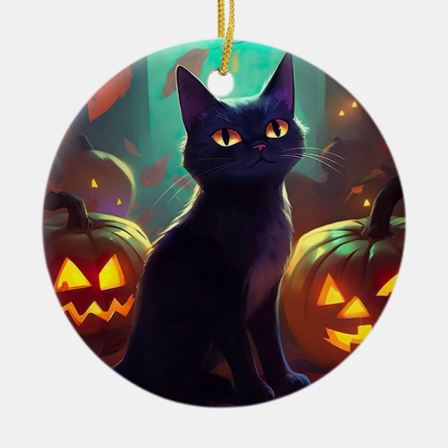 Ornamento De Cerâmica Tuxedo Gato De Halloween Com Pumpkins Assustado (Frente)