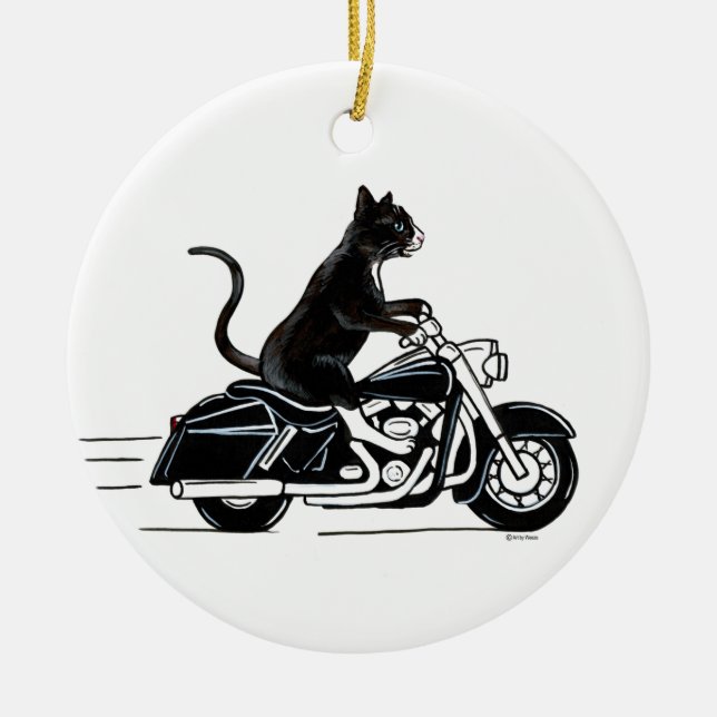 Ornamento De Cerâmica Tuxedo gato preto andando de moto (Frente)
