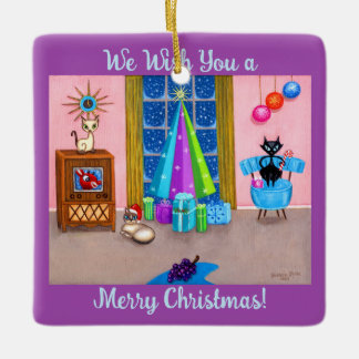 Ornamento De Cerâmica TV de gatos da Era Atômica Moderna do Natal do séc