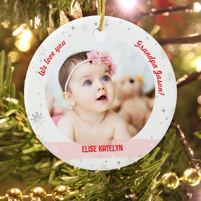 Ornamento De Cerâmica TwGirl Boy Fotografias Avô Primeiro Natal Bebê (Modern Cute We love you, Grandpa! First Christmas Twin Baby Girl and Boy. 2 Photos. Snowflakes)