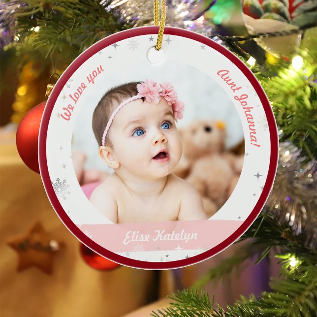 Ornamento De Cerâmica TwGirl Boy Fotografias Tia Primeiro Natal Bebê (Modern Elegant Cute First Christmas Baby Twins Girl Boy We love you Aunt Snowflakes Stars Red Frame)
