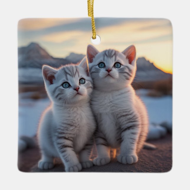 Ornamento De Cerâmica Twin Snowy Mountain Kittens de inverno (Frente)