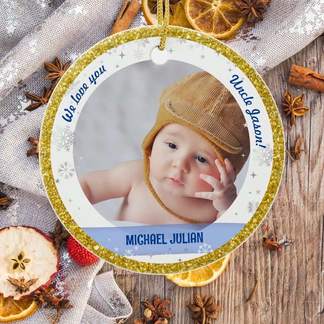 Ornamento De Cerâmica Twinboy Rapariga Fotos Tio Primeiro Natal Bebê (Modern, Elegant, Cute We love you, Uncle First Christmas Twin Babies Boy Girl Snowflakes Golden)