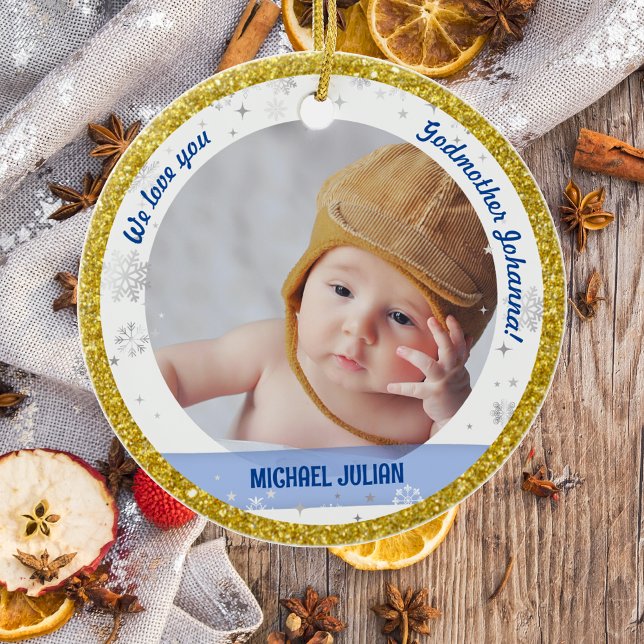 Ornamento De Cerâmica Twins Garota Fotografias Godman 1rua Bebê de Natal (Modern, Elegant, Cute We love you, Godmother First Christmas Twin Babies Boy Girl Snowflakes Golden)