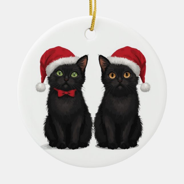 Ornamento De Cerâmica Two Black Kittens Santa Hat Christmas (Frente)
