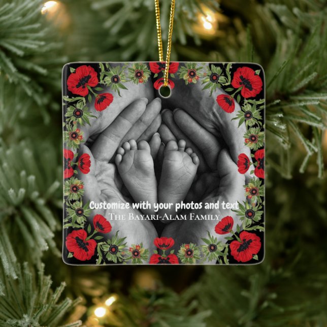 Ornamento De Cerâmica Two Photo Custom Text Red Poppies Free Palestine (Árvore)