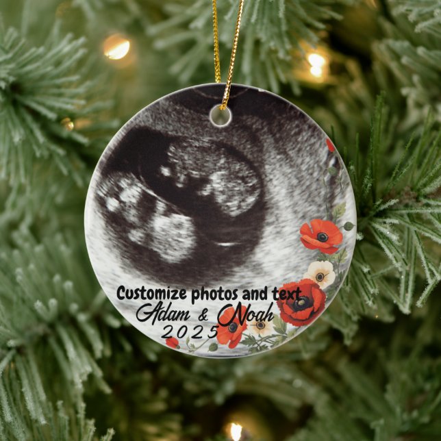 Ornamento De Cerâmica Two Photo Custom Text Red Poppies Free Palestine (Árvore)