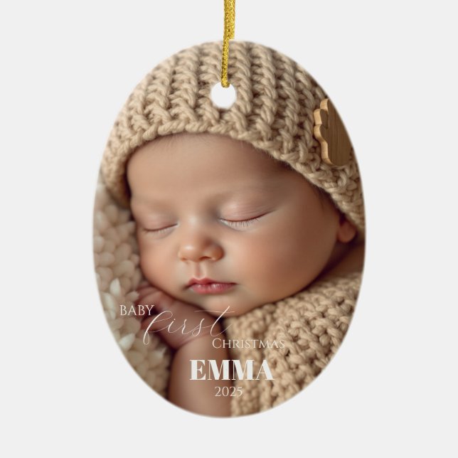 Ornamento De Cerâmica Two Photos Minimalist Baby First Christmas (Frente)