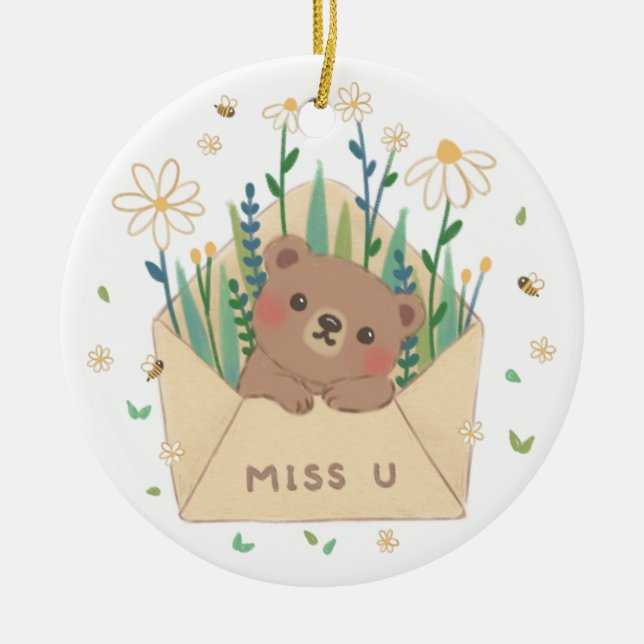 Ornamento De Cerâmica U: Urso de Teddy e Flores no Envelope (Frente)