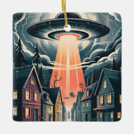Ornamento De Cerâmica UFO Abduction Night Street Illustration