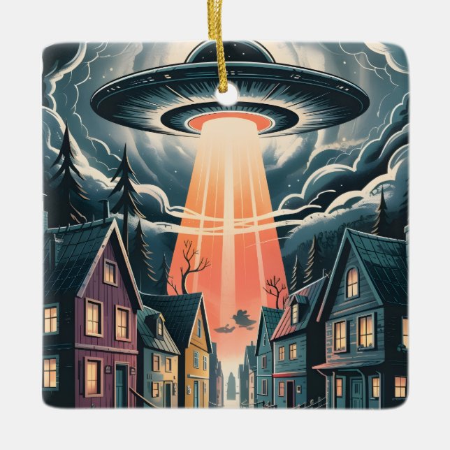 Ornamento De Cerâmica UFO Abduction Night Street Illustration (Frente)