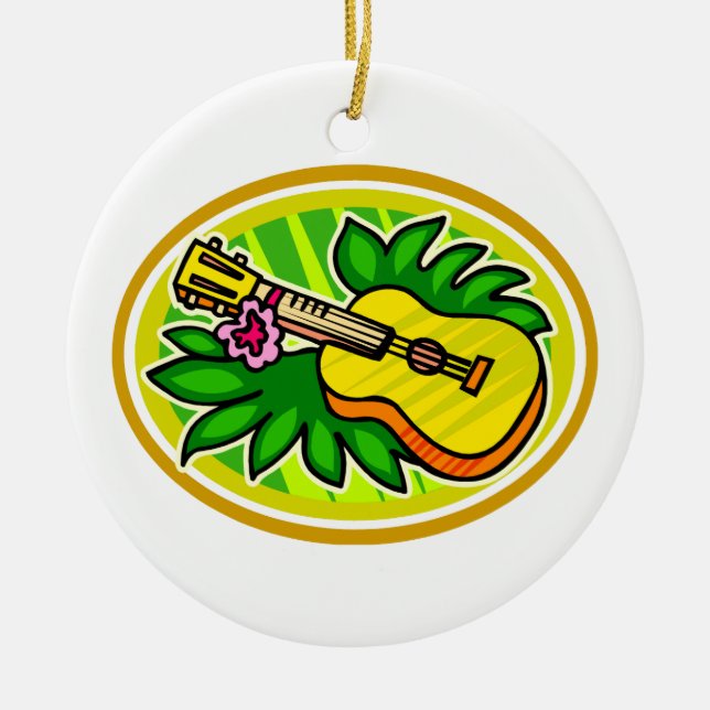 Ornamento De Cerâmica Ukulele com folhas e círculo da flor, amarelo (Frente)