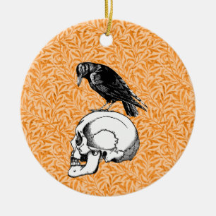 Ornamento De Cerâmica Um Corvo ou Corvo e Caveira Halloween Laranja Pret