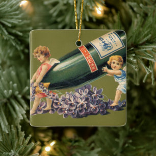 Ornamento De Cerâmica Um Feliz Ano Novo, Anjos Vintage com Champanhe