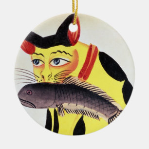 Ornamento De Cerâmica Um gato com um peixe em sua boca, do Rudyard K