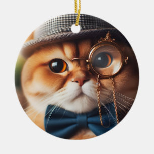 Ornamento De Cerâmica Um gato Vestindo um monóculo VII