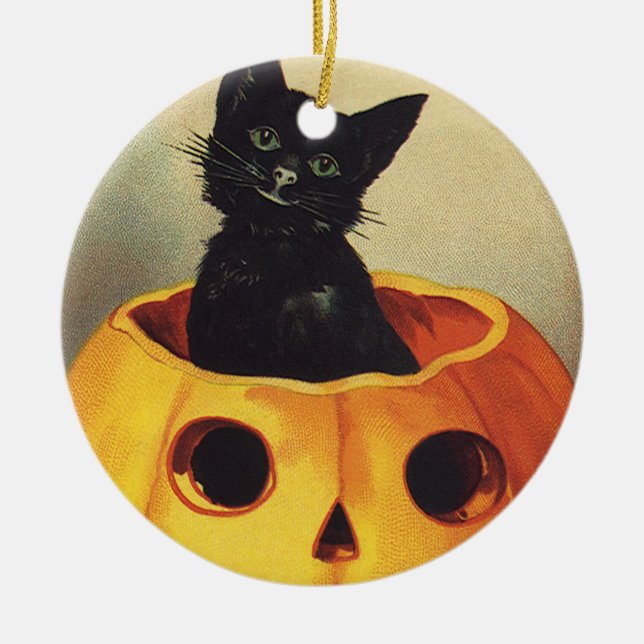 Ornamento De Cerâmica Um Halloween de Feliz por Ellen Clapsaddle, Gato d (Frente)