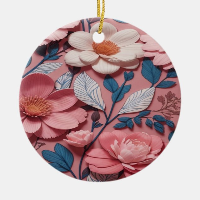 Ornamento De Cerâmica Um padrão floral com fundo rosa (Frente)