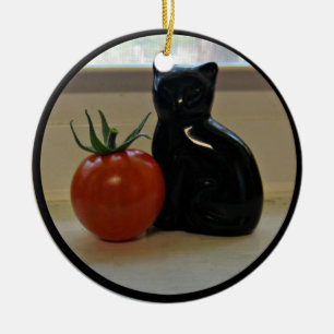 Ornamento De Cerâmica Um Tomate e um Gato Negro