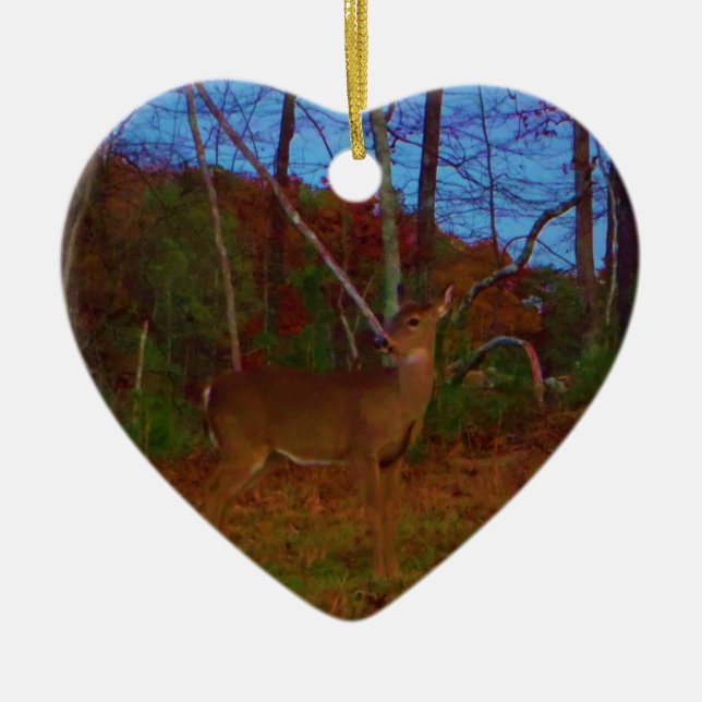 Ornamento De Cerâmica Um Veado: Dourado Verde Vermelho e Azul (Frente)