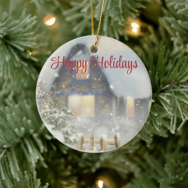 Ornamento De Cerâmica Uma casa com árvore de Natal e cerca (Árvore)