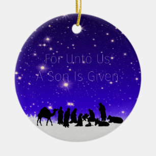 Ornamento De Cerâmica Uma criança é Nascer Starry Snowy Night em uma noi