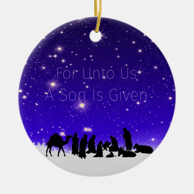 Ornamento De Cerâmica Uma criança é Nascer Starry Snowy Night em uma noi (Frente)