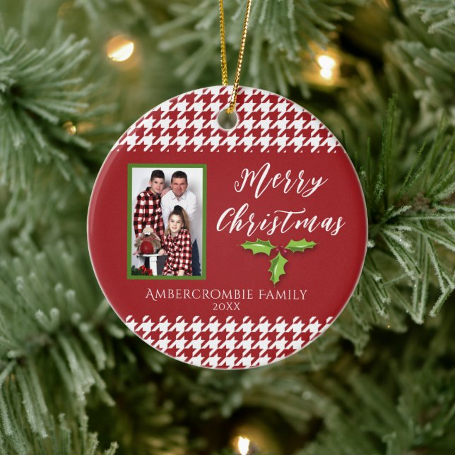 Ornamento De Cerâmica Uma foto de Red e White Houndstooth (Árvore)