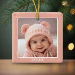 Ornamento De Cerâmica Uma Foto Quadrada mais Ano - mínima cor-de-rosa<br><div class="desc">Adicione uma foto a esta decoração de feriado - perfeita para as crianças. Uma foto simples e moderna para fazer um ornamento memorável para sua árvore. Uma fonte moderna mínima para o ano com um lugar para carregar uma foto quadrada.</div>