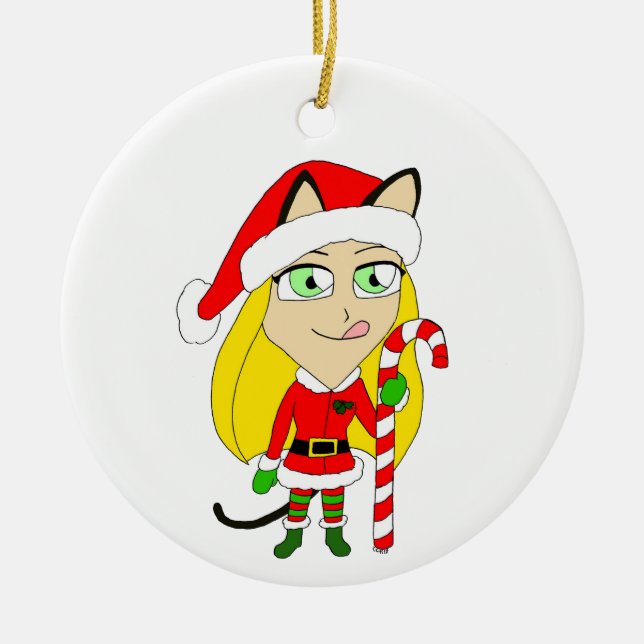 Ornamento De Cerâmica Uma garota chibi de Natal (Frente)