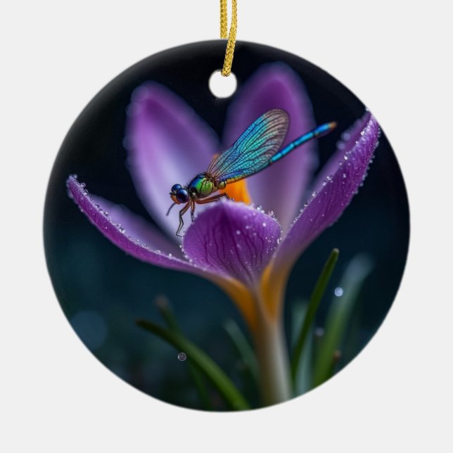 Ornamento De Cerâmica Uma libélula numa flor de açafrão (Frente)