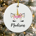 Ornamento De Cerâmica Unicorn Face com Eyelashes Nome Personalizado<br><div class="desc">Unicorn Face Com Eyelashes Nome Personalizado Ornamento Cerâmico</div>