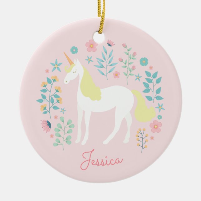 Ornamento De Cerâmica Unicorn Flores Leves Personalizadas (Frente)