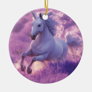Ornamento De Cerâmica Unicórnio Branco Majestoso Galopando Pela Lavanda