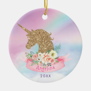 Ornamento De Cerâmica Unicórnio Brilhante Rosa e Dourado Personalizado