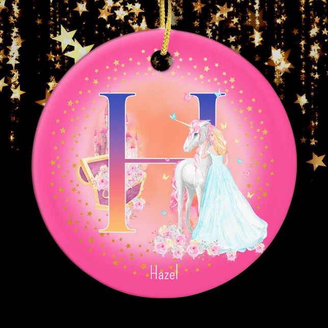 Ornamento De Cerâmica Unicórnio e Princesa - Letra H Monograma - Natal (This pretty pink monogrammed Christmas ornament is perfect for your little princess!)