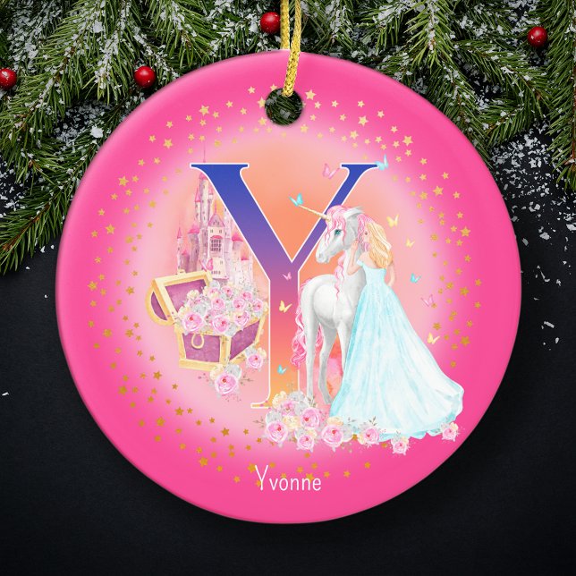 Ornamento De Cerâmica Unicórnio e Princesa - Letra Y Monograma - Natal (This pretty pink monogrammed Christmas ornament is perfect for your little princess!)